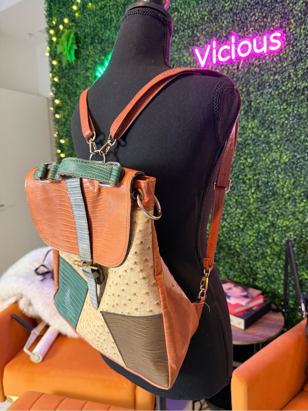 Multi-Color Textured Leather Backpack - Tan, Cream & Green - Picture 5 of 7